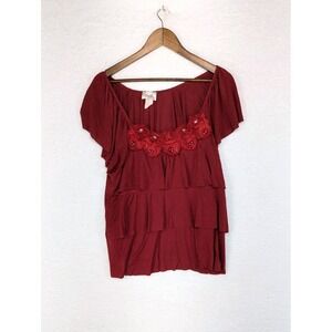 Vintage Lavish Plus Top Red‎ Floral Embellished Front Short Sleeve USA 1X